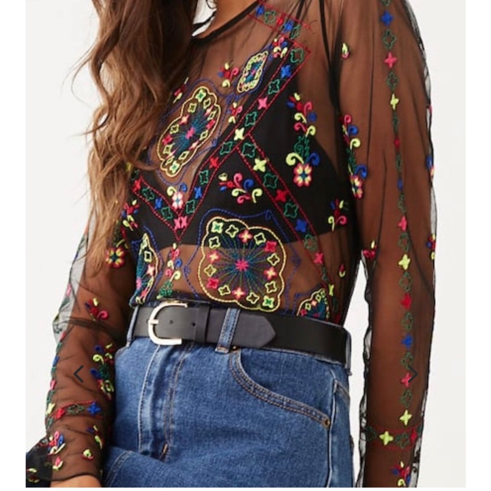 NWT Forever 21 Black Sheer Embroidered Blouse Medium